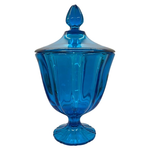 Vintage LE Smith Blue Glass Covered Pedestal Compote Candy Dish w/ Lid 10” EUC - Picture 5 of 14